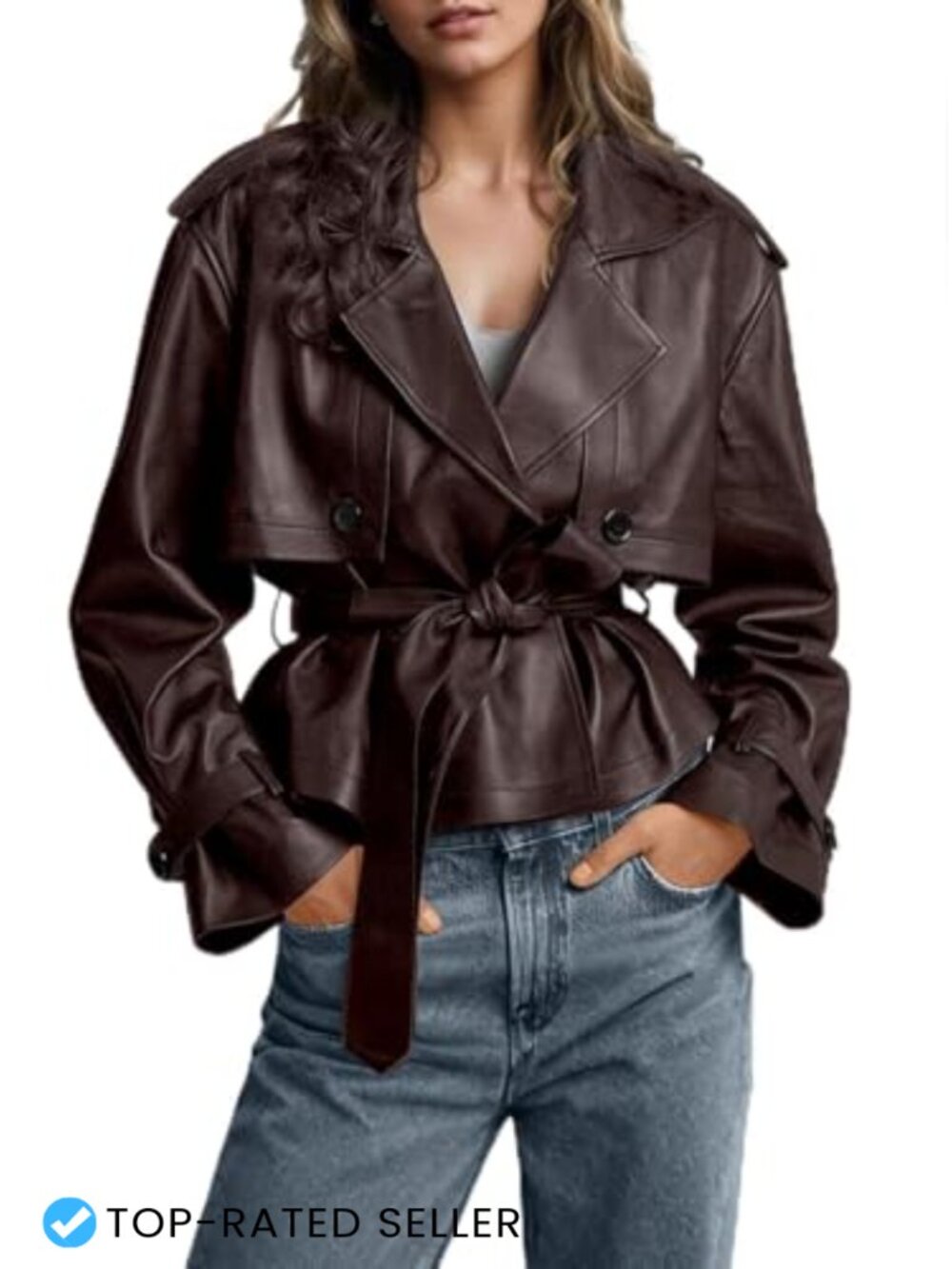 Belted Faux Leather Short Trench Coat Moto Relaxed Fit Business Casual